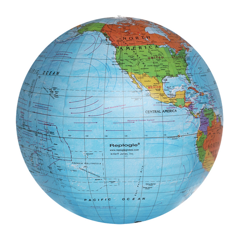 Replogle 12-inch inflatable political globe with blue ocean and detailed colorful map.