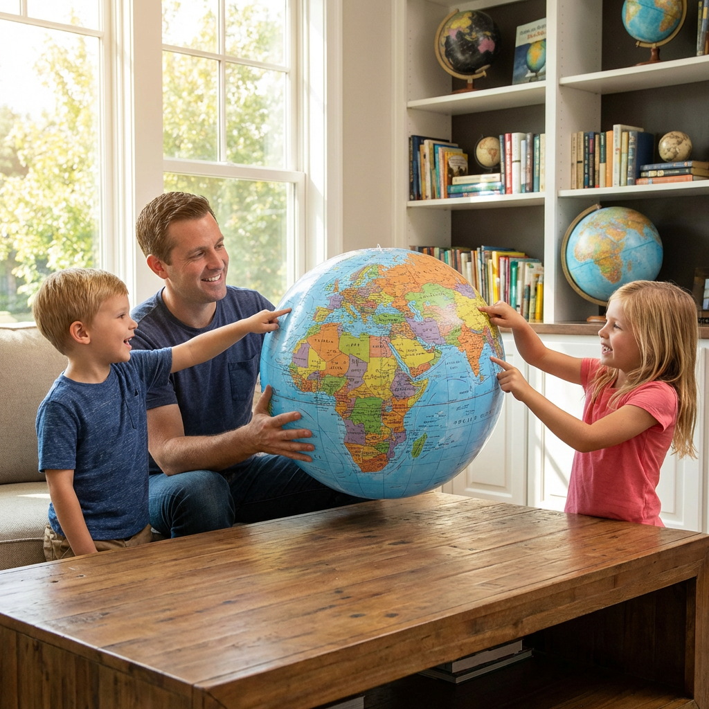 A family interacts with the Replogle Inflatable Blue Ocean Globe in a sunlit living room.