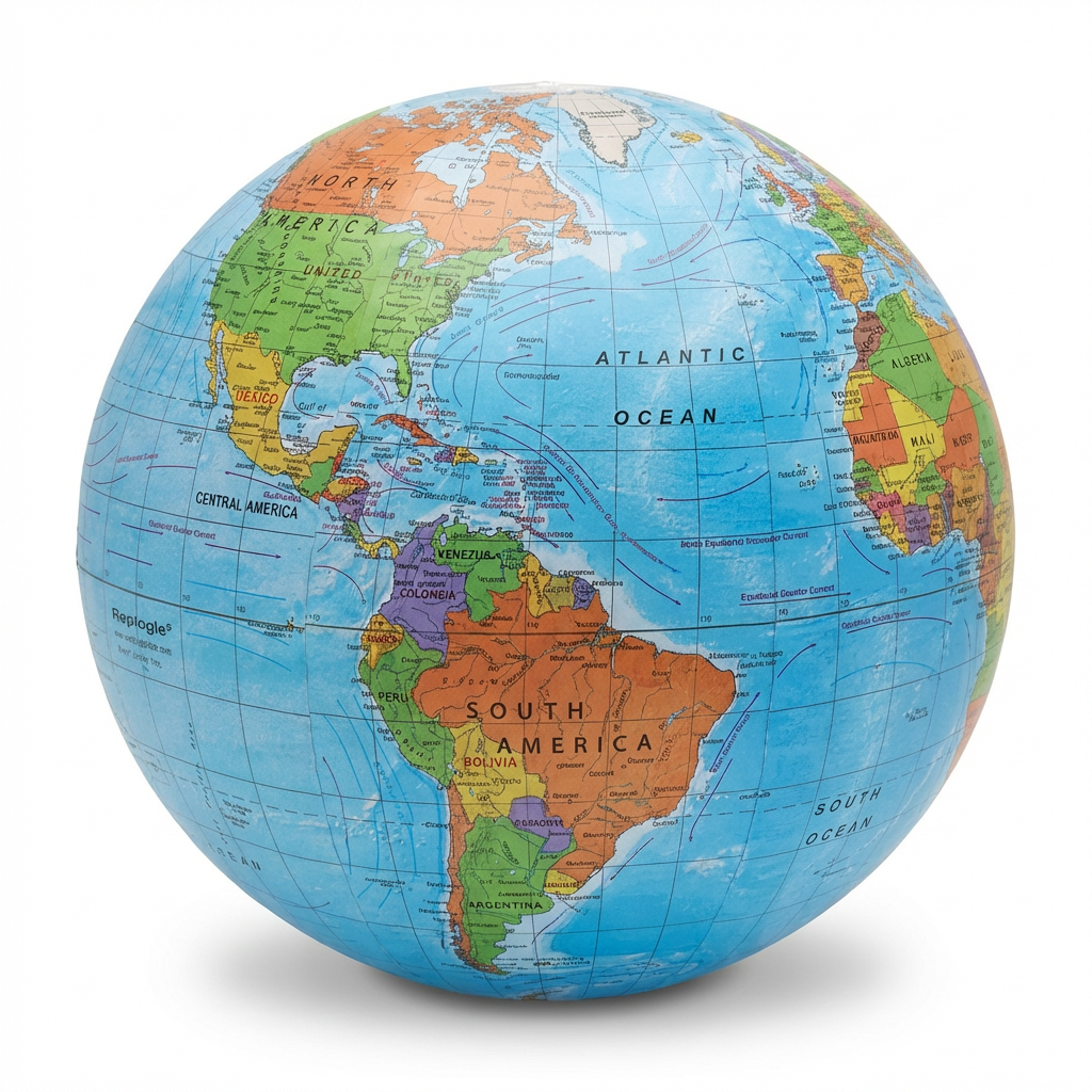 A photorealistic studio photograph of the Replogle inflatable blue ocean globe, angled to show the right side on a pure white background with a soft shadow.