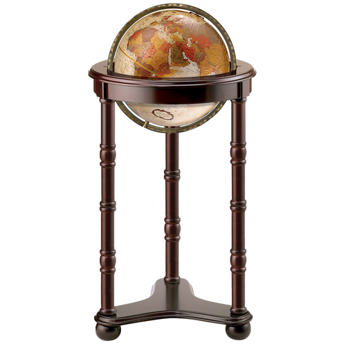12-inch bronze ocean floor globe with French relief map on a tall dark wood floor stand.