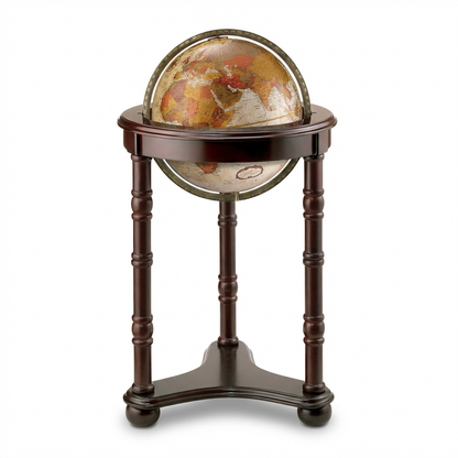 A photorealistic studio shot of the Replogle Lancaster globe on its dark wood stand, angled to the right on a white background with a soft shadow.