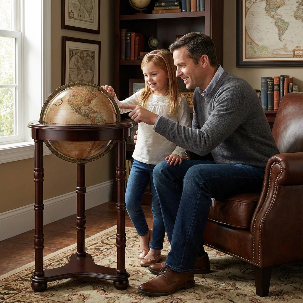 A father and his young daughter share a moment of discovery, pointing at the Replogle Lancaster 12" floor globe in a warm, naturally lit home study.
