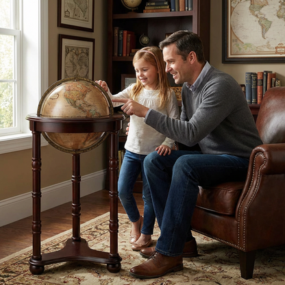 A father and his young daughter share a moment of discovery, pointing at the Replogle Lancaster 12" floor globe in a warm, naturally lit home study.