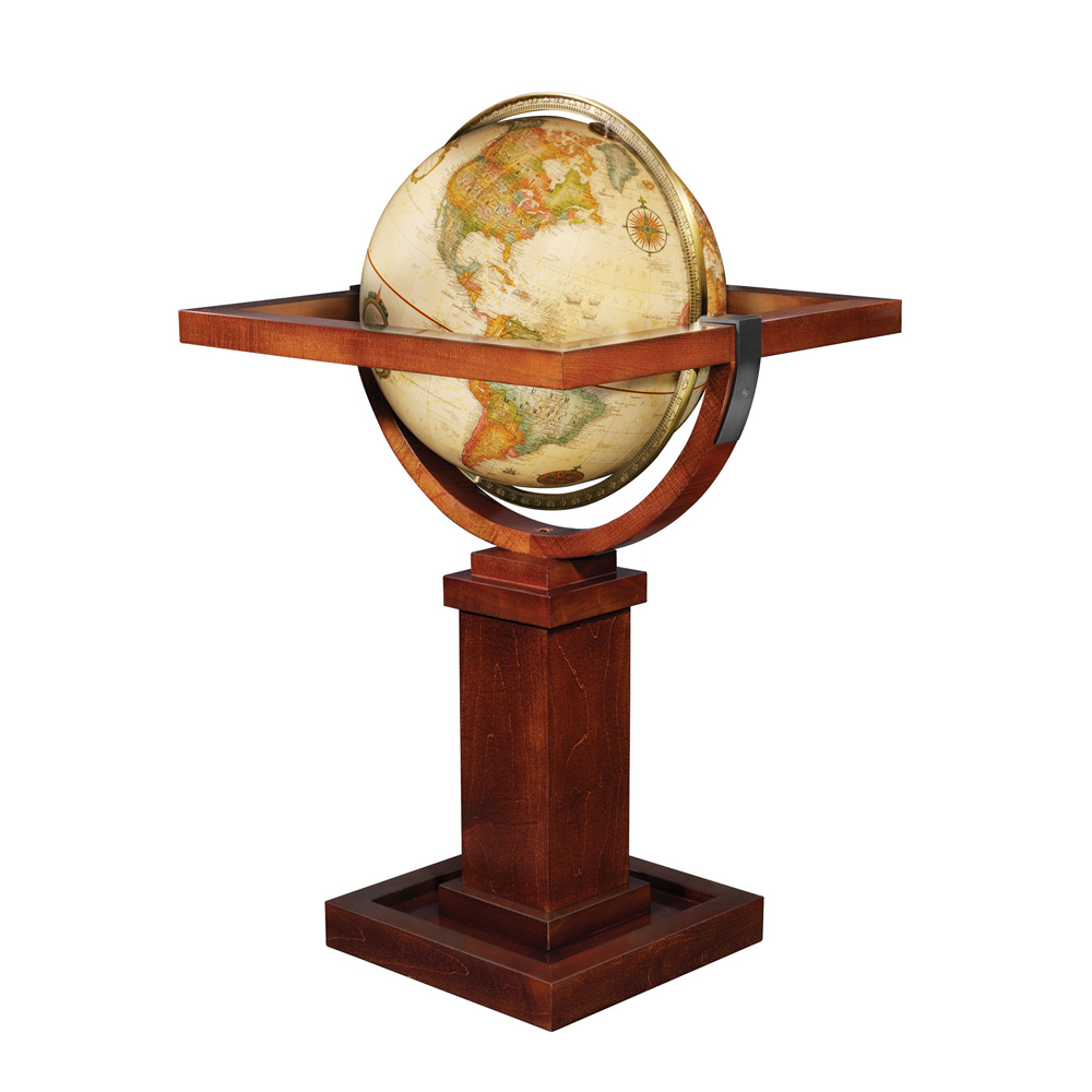 Frank Lloyd Wright 12-inch antique globe with square wooden stand and pedestal base.