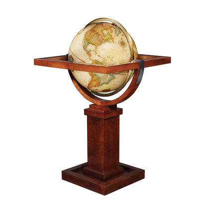 Frank Lloyd Wright 12-inch antique globe with square wooden stand and pedestal base.