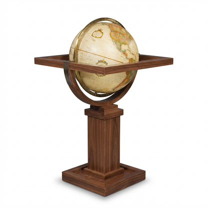 Photorealistic studio product photo of the Frank Lloyd Wright Collection® globe, angled left. The wooden stand and antique globe are centered on a pure white background with a soft shadow.