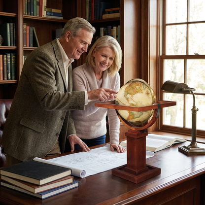 A photorealistic lifestyle photograph shows a couple in a well-lit study, smiling as they point at the Replogle Frank Lloyd Wright globe, which is placed on a large wooden desk.