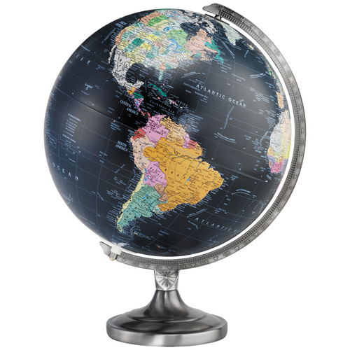 Orion 12-inch Black Ocean desk globe with colorful continents and a silver metal stand.