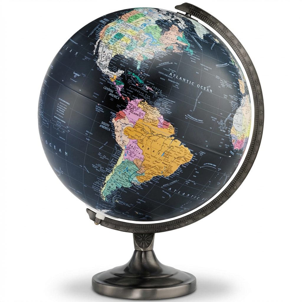 A photorealistic studio shot of the Replogle Orion 12" illuminated desk globe on a white background with a soft shadow. The black ocean globe with antique brass stand is angled to show the left side.