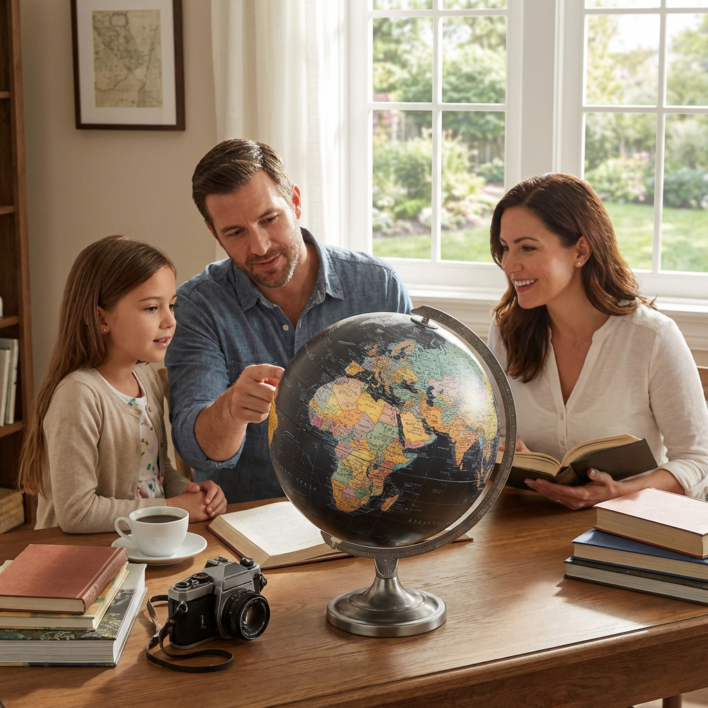 A family of three is gathered around the Replogle Globes Orion 12" illuminated desk globe on a wooden table in a sunlit home.