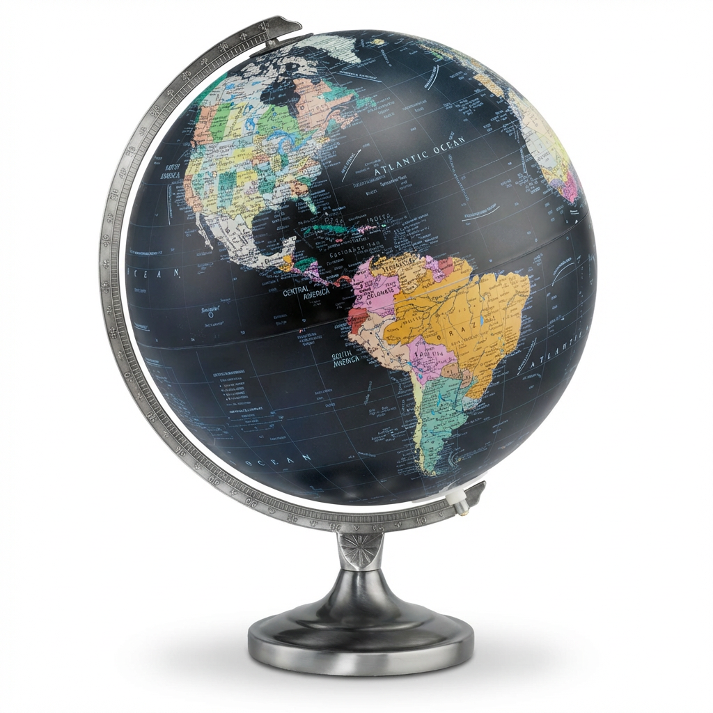Replogle Globes Orion 12" Black Ocean Illuminated Desk Globe on a pure white background, angled right.
