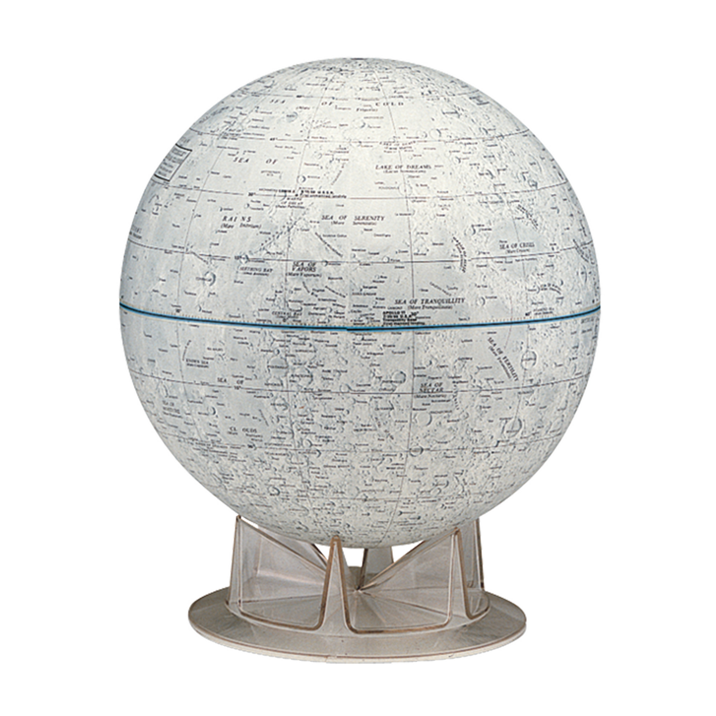 Detailed moon globe showing lunar features and Apollo landing sites on a transparent stand.