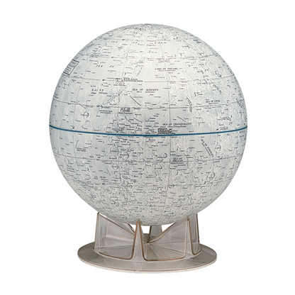 Detailed moon globe showing lunar features and Apollo landing sites on a transparent stand.