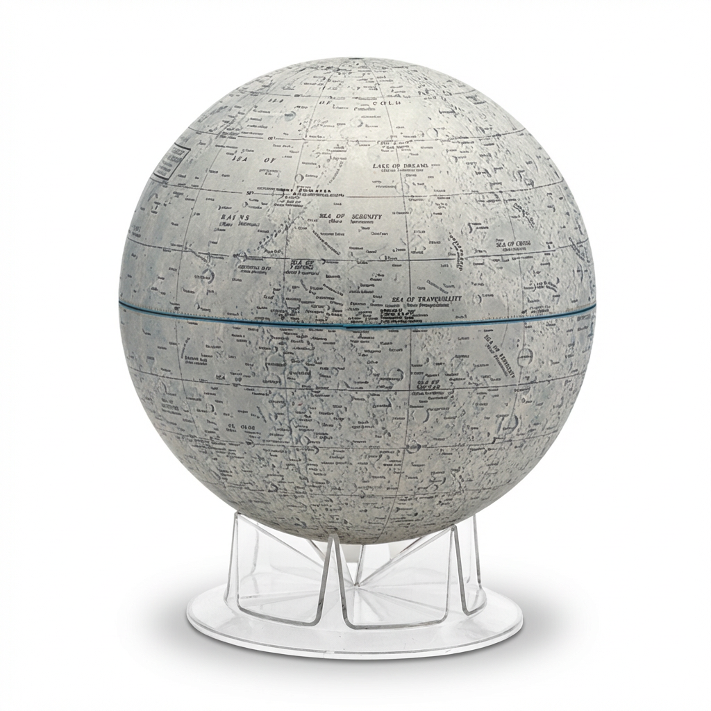 A photorealistic studio product shot of the Replogle Globes Moon 12"/30cm Diameter Desk Globe, angled to the left on its clear plastic stand against a pure white background with a soft natural shadow.