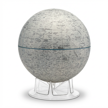 A photorealistic studio product shot of the Replogle Globes Moon 12"/30cm Diameter Desk Globe, angled to the left on its clear plastic stand against a pure white background with a soft natural shadow.