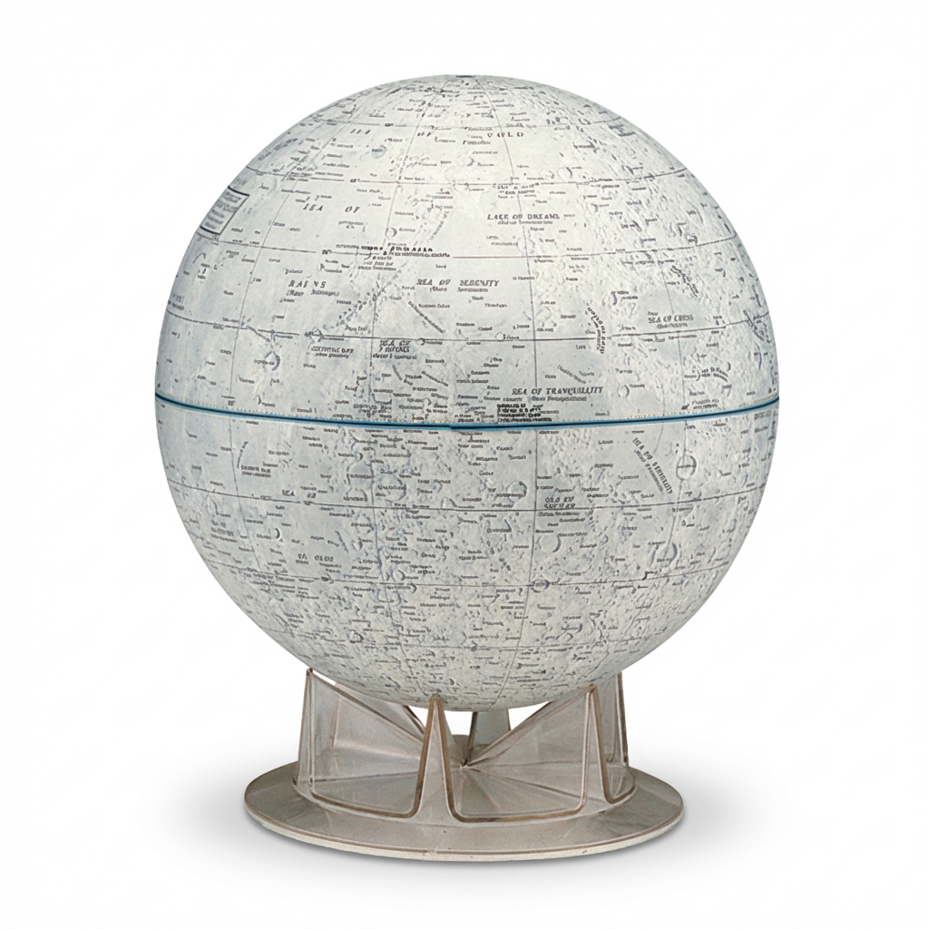 Photorealistic studio photo of the Replogle Moon globe and stand, angled to the right, centered on a pure white background with a soft shadow.
