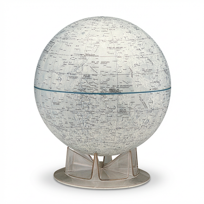 Photorealistic studio photo of the Replogle Moon globe and stand, angled to the right, centered on a pure white background with a soft shadow.