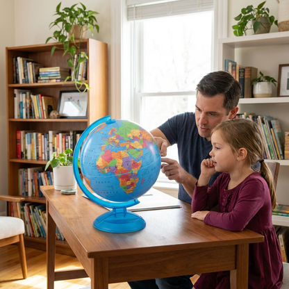 A man and young girl are using the Replogle Globes Adventurer globe together at a desk in a sunlit home library.