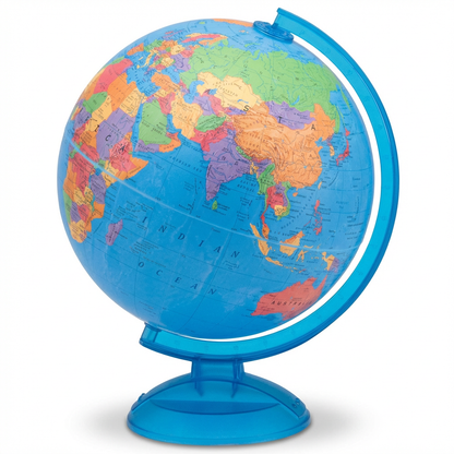A photorealistic studio product photograph of the Replogle Globes Adventurer 12-inch blue ocean globe, angled to the right.