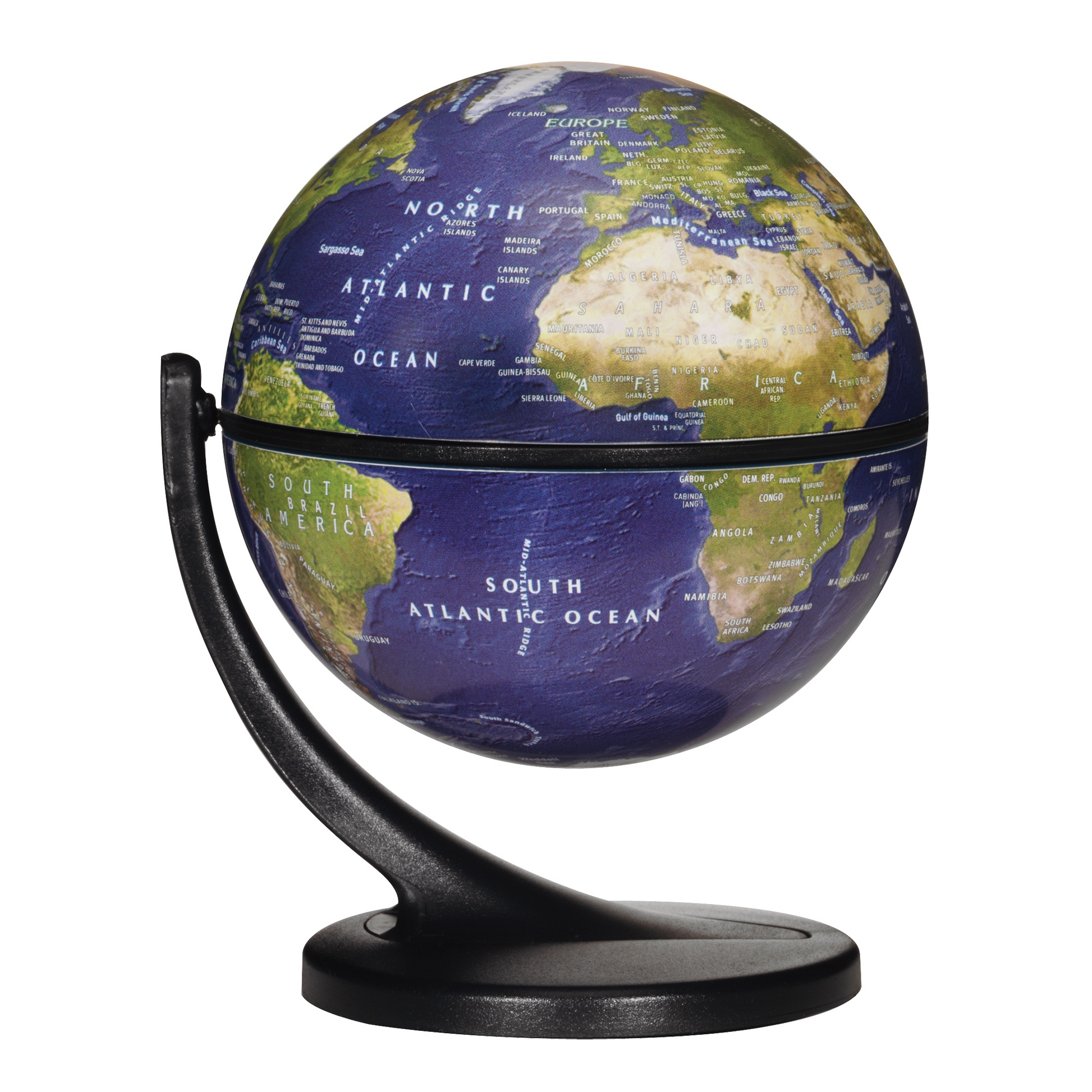 4.3-inch Satellite Wonderglobe desk globe with blue oceans and a black plastic stand.
