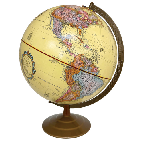 12-inch antique ocean desk globe with raised relief, colorful continents, and a bronze stand.