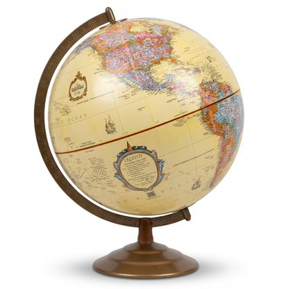 A photorealistic studio product photograph of the Replogle Globes Globemaster 12"/30cm antique ocean desk globe, angled to the left on a white background with a soft shadow.