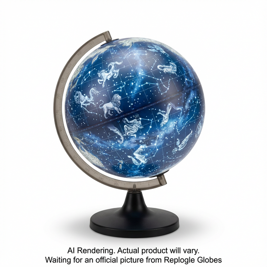 A 12-inch illuminated blue celestial globe featuring constellations on a black base.