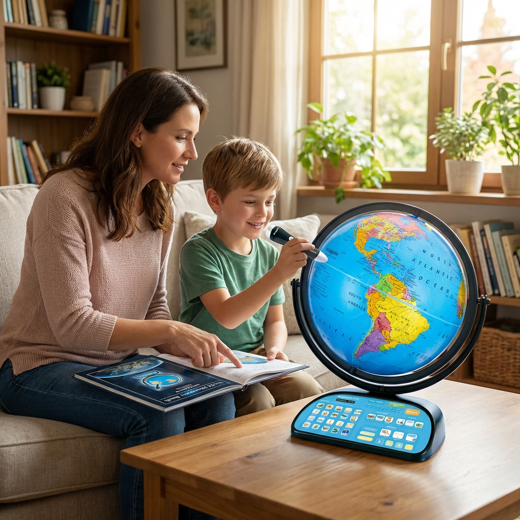 A mother and her son are happily using the Replogle Intelliglobe and its interactive pen in their home, with the world discovery book open on the coffee table.