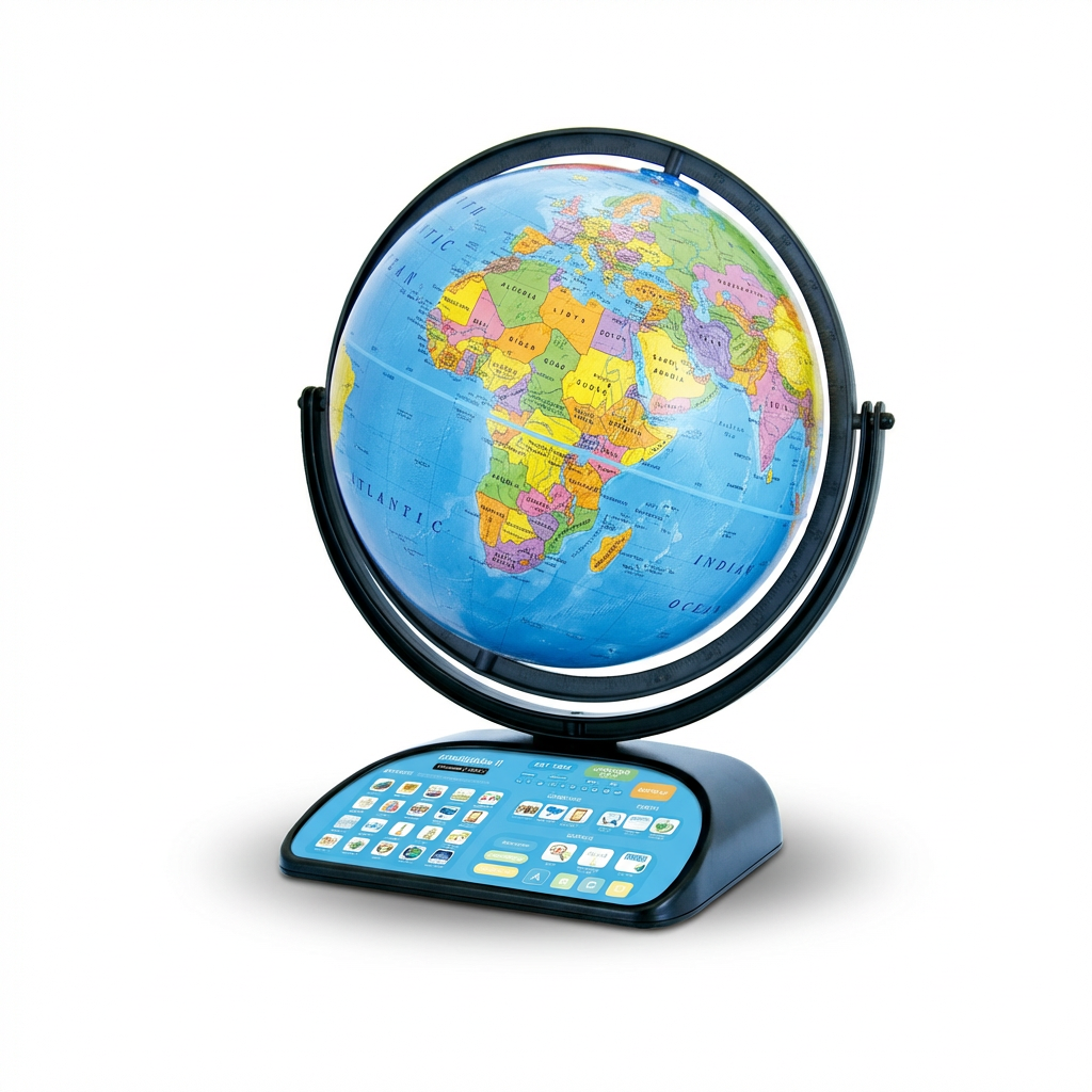 A photorealistic studio photograph of the Replogle Intelliglobe II globe and base, angled to show the right side on a pure white background with a soft shadow .