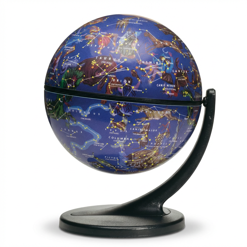 A photorealistic studio product photograph of the Replogle Celestial Wonderglobe on a pure white background, angled to show the left side and its curved black stand. The globe features a detailed blue celestial map with constellation figures and star names like Taurus, Orion, and Gemini. It casts a soft shadow.