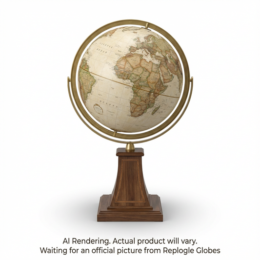 12-inch Logan antique tabletop globe with raised relief map, brass meridian, and dark wood base.
