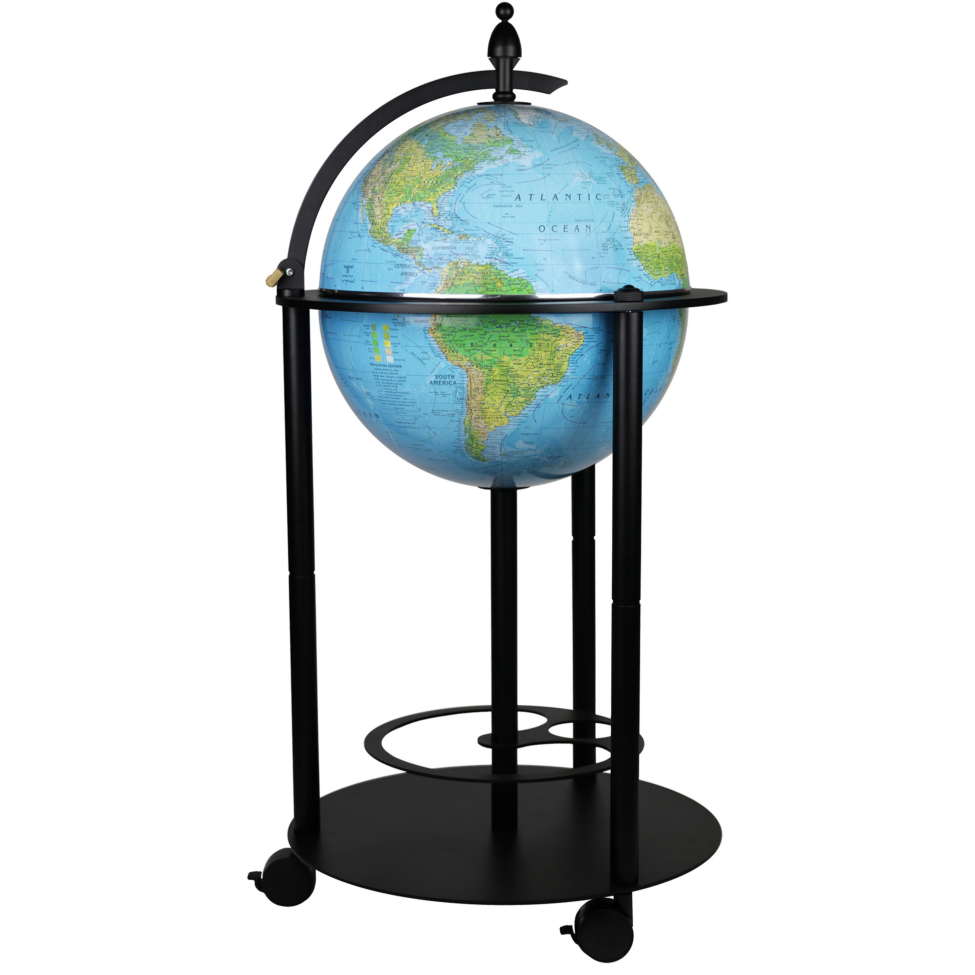 16-inch illuminated bar globe with blue ocean map on a black rolling floor stand cabinet.