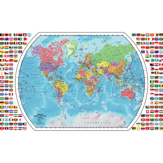 Replogle 'World Nation' world map with country flags bordering the left and right sides.