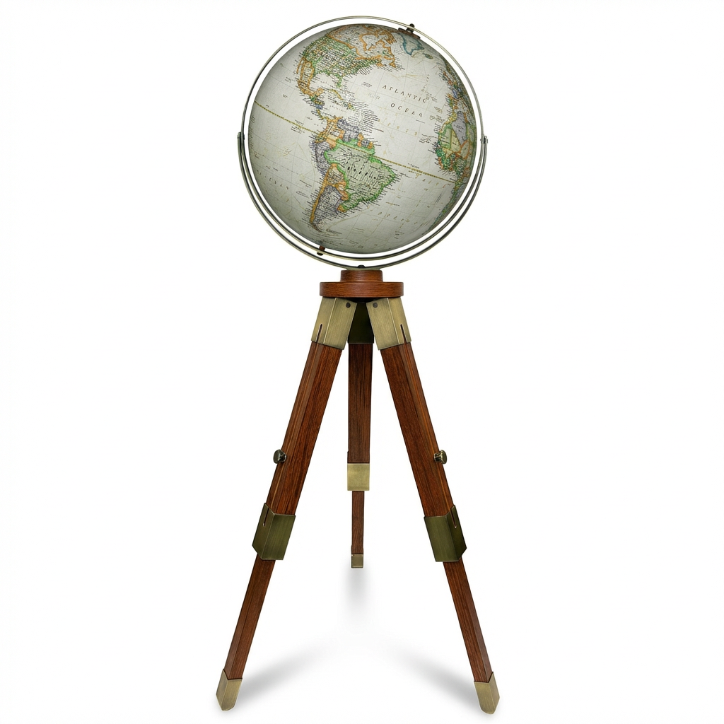 A studio photo of the Replogle Globes National Geographic Eaton III Globe on its tripod stand, angled left on a white background with a soft shadow.