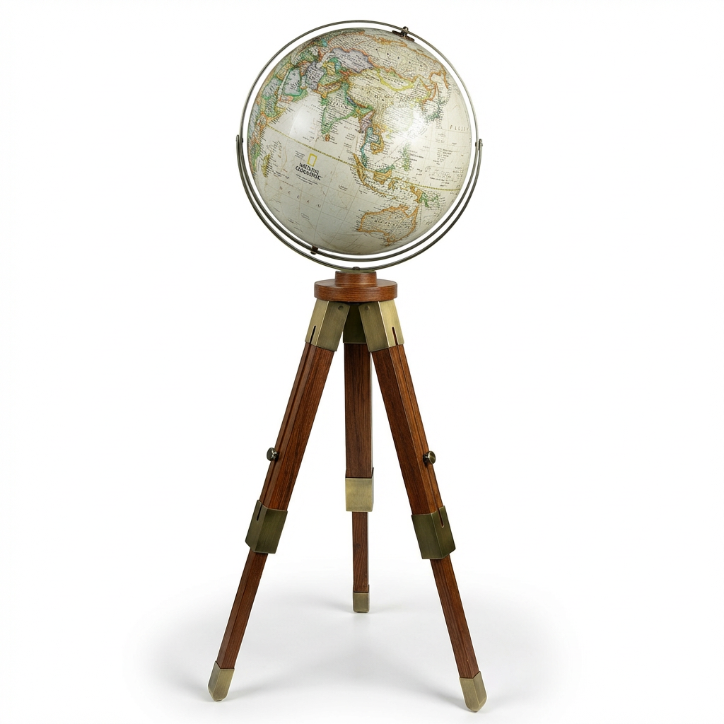 A photorealistic studio product photograph of the Replogle Globes National Geographic Eaton III Globe on its wooden tripod stand, angled to show the right side on a white background.