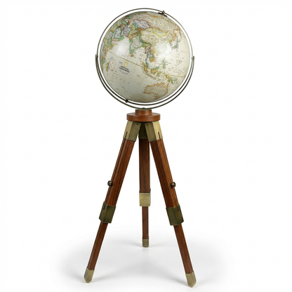 A photorealistic studio product photograph of the Replogle Globes National Geographic Eaton III Globe on its wooden tripod stand, angled to show the right side on a white background.