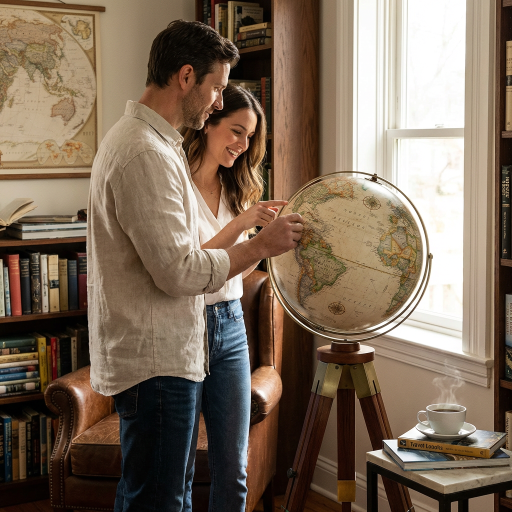 A couple in a sunlit home library smiles as they point to a large Replogle National Geographic Eaton III globe on its tripod stand, planning their next adventure.