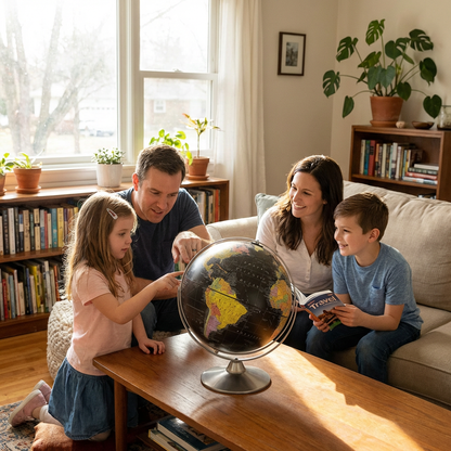 A family of four gathers around a Replogle Starlight 12-inch black ocean desk globe in a sunlit living room.