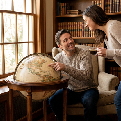 A couple in a cozy library setting smiles as they examine the antique Replogle floor globe.