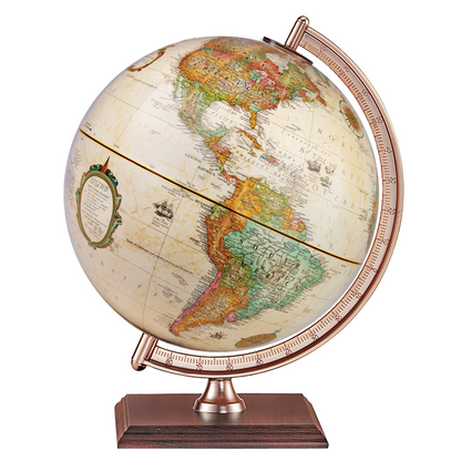 9-inch antique ocean desk globe with vintage map, copper meridian, and walnut hardwood base.