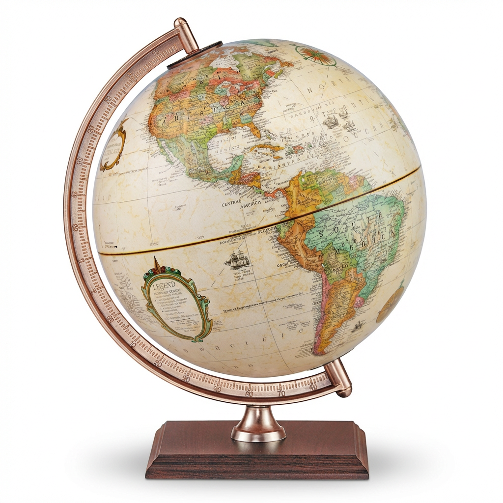 A photorealistic studio product photo of the Replogle Globes Forester antique desk globe, showing the left side on a white background with a soft shadow.