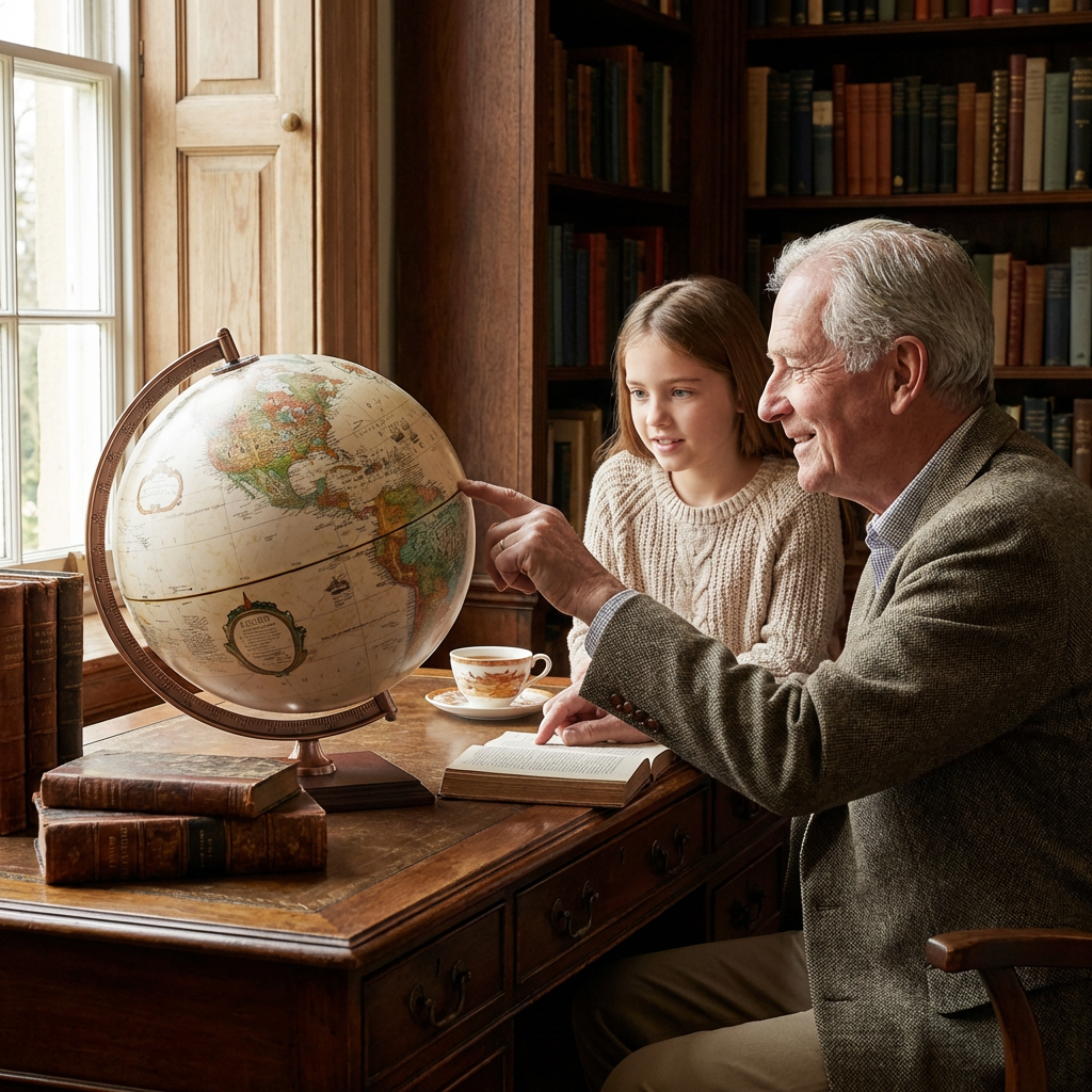 A photorealistic photo of a grandfather and granddaughter looking at the Replogle Forester globe in a cozy, book-filled study.
