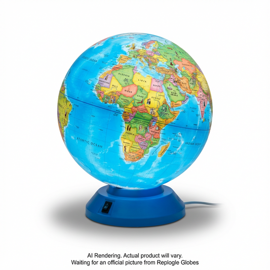 Intelliglobe II 12-inch illuminated interactive world globe on a blue base showing a world map.