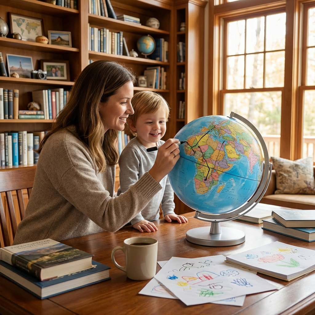 A woman and a young boy in a cozy, well-lit home library draw a path on the Replogle Geographer Write & Erase globe with a black marker.