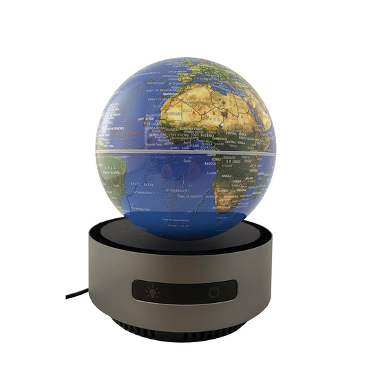 A 6-inch blue ocean desk globe levitating above a silver base with LED and power buttons.