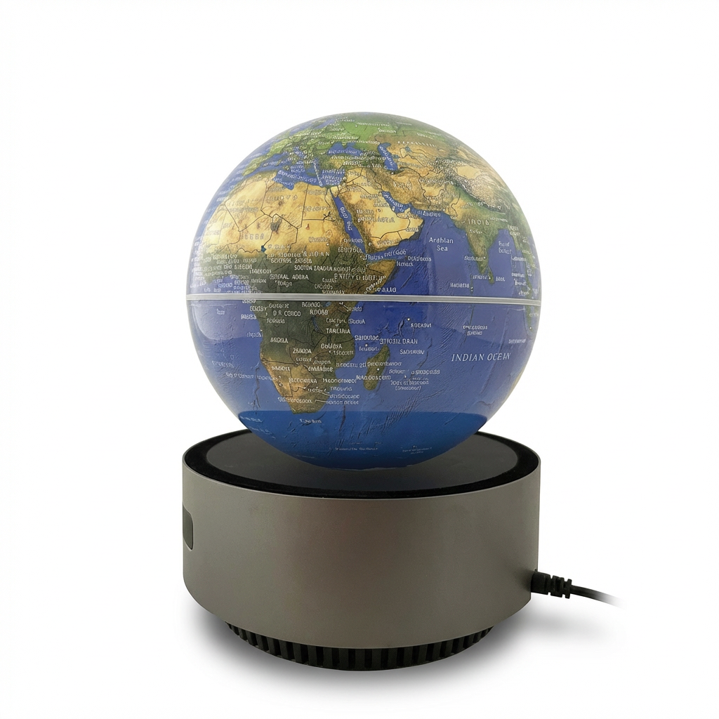 A studio photograph shows the Replogle Self Floating Levitating 6" Blue Ocean Desk Globe angled to the right on a pure white background. The globe hovers above its grey circular base, which has a soft shadow beneath it. The map shows Africa, the Middle East, and the Indian Ocean.