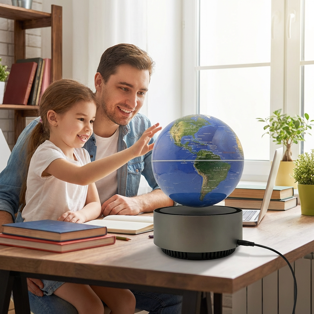 A father and daughter smile as they watch the Replogle levitating blue ocean globe floating above its base on a wooden desk.