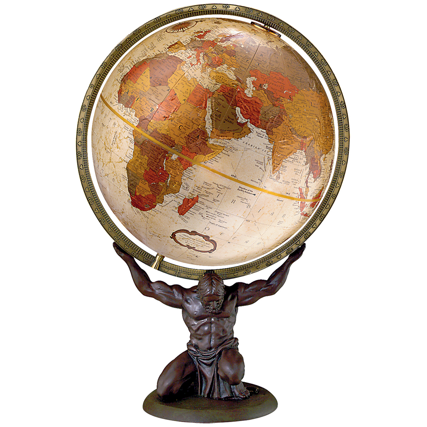 Bronze metallic ocean desk globe with a political map, supported by a kneeling Atlas statue base.