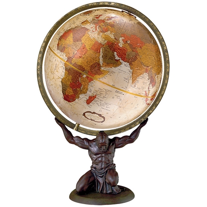 Bronze metallic ocean desk globe with a political map, supported by a kneeling Atlas statue base.