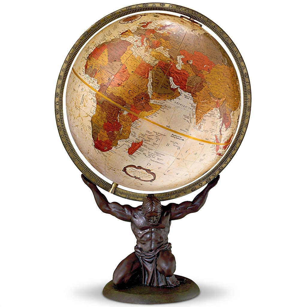 Photorealistic studio photo of the Atlas globe from Replogle, angled to the right on a pure white background with a soft shadow.